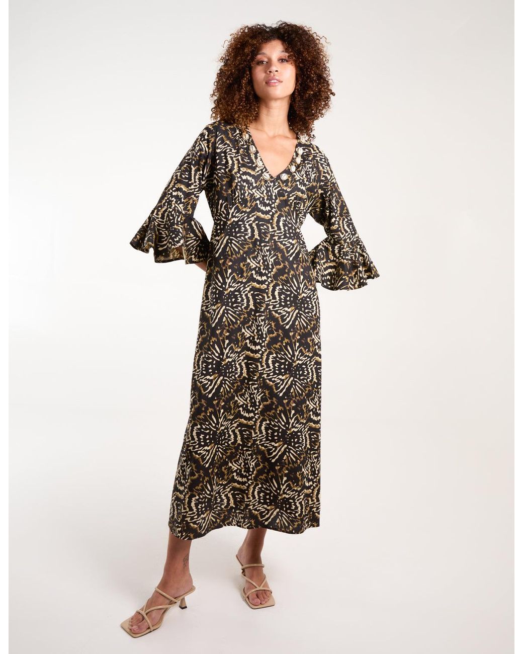 Blue Vanilla Brown V Neck Shell Midi Dress