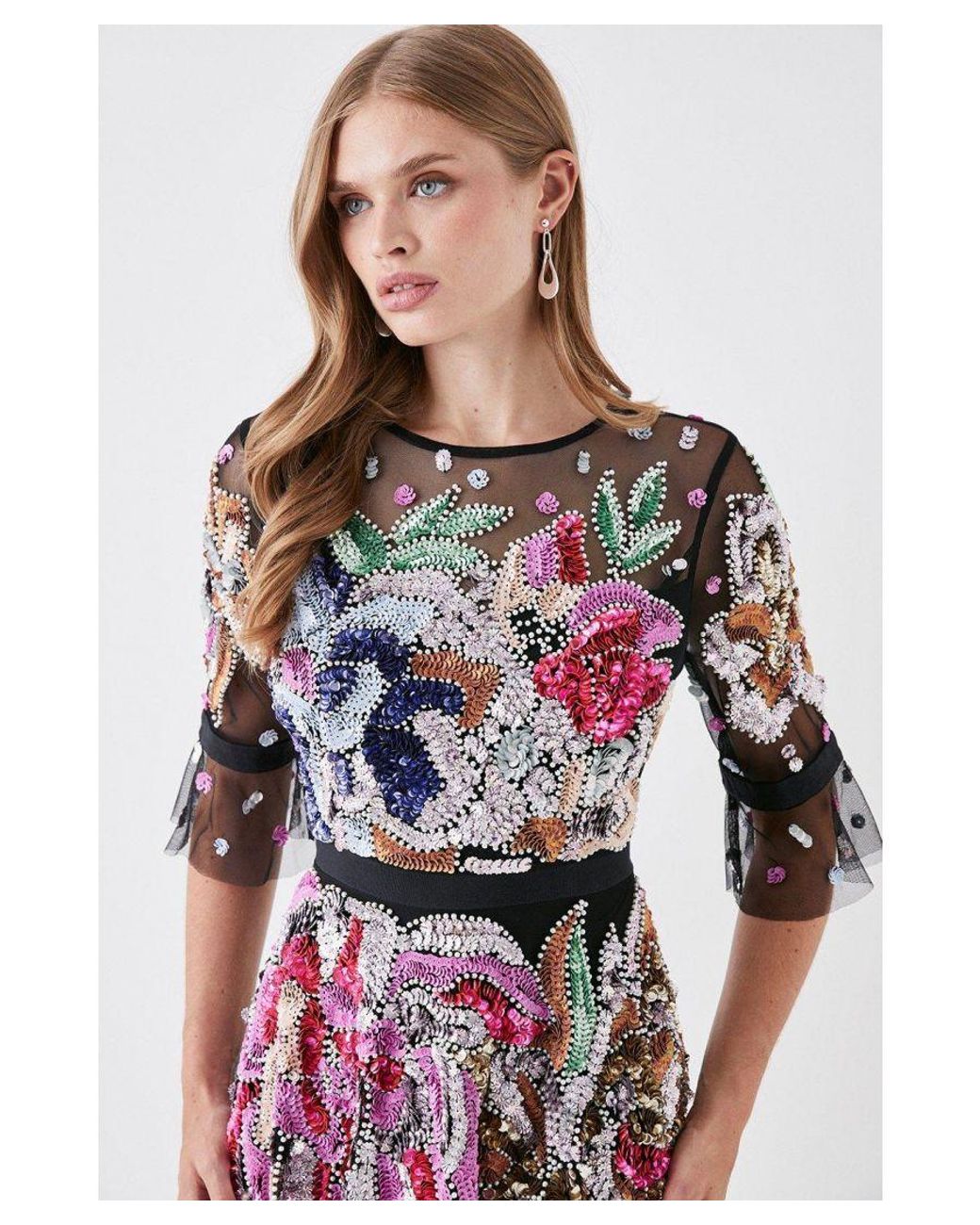 Coast Hand Embellished Mesh Midi Dress With Short Sleeve in Black | Lyst UK
