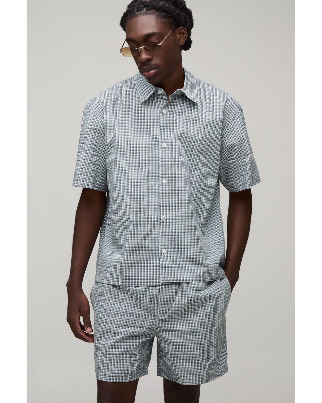 BoohooMAN Gray Micro Check Boxy Oversized Embroidered Shirt & Short Set for men