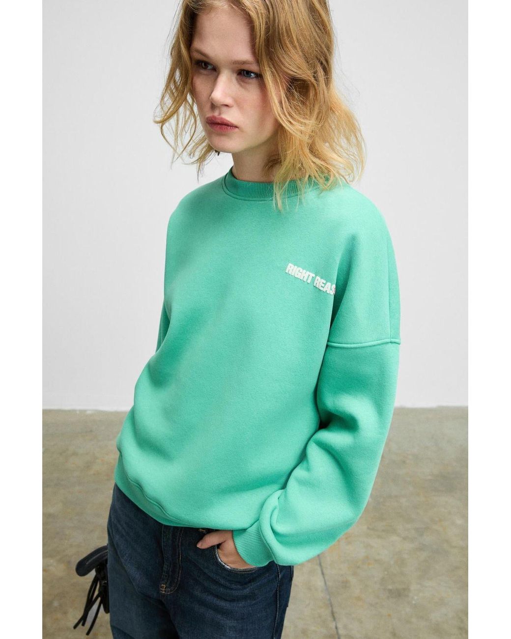 Grimelange Green Oversized Crew Neck Printed Sweatshirt