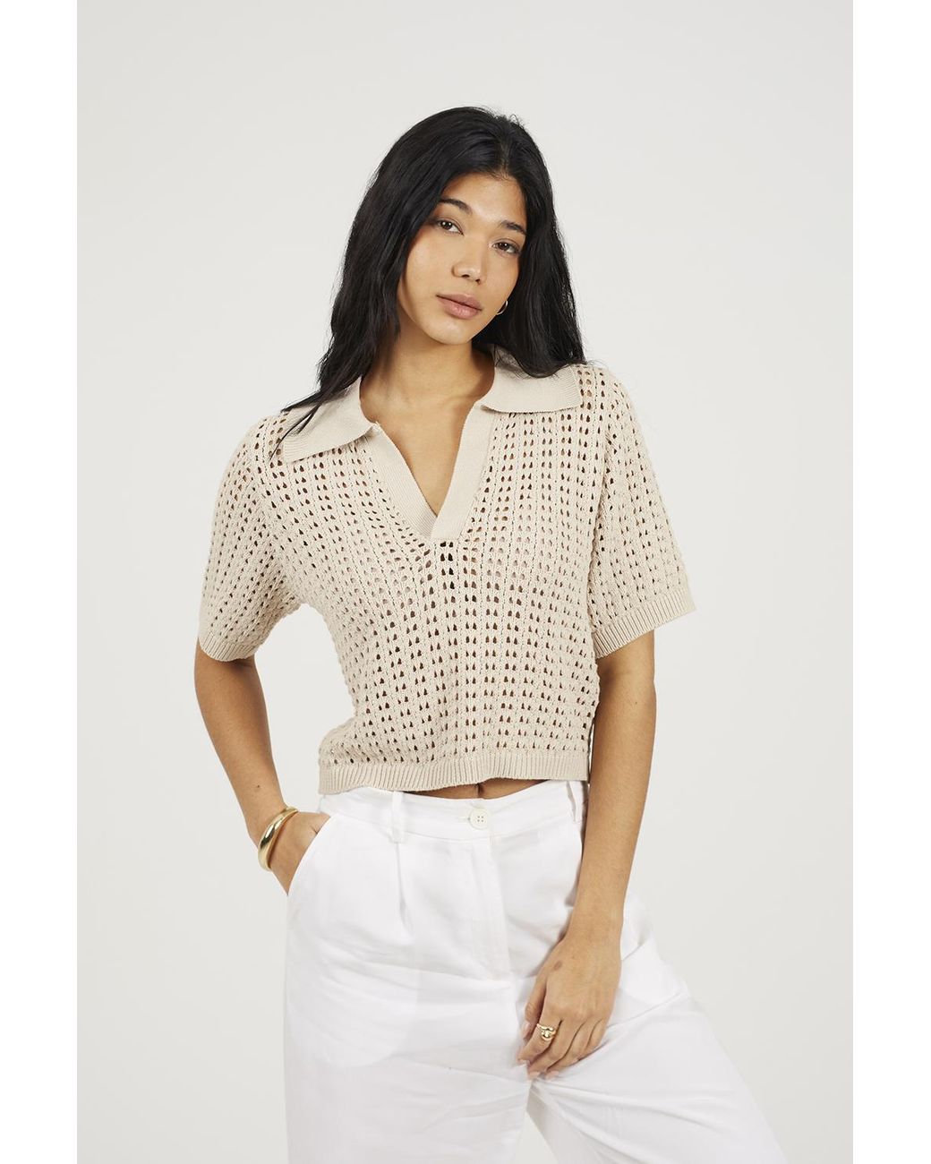 Brave Soul White Pointelle Knit Collared T-Shirt