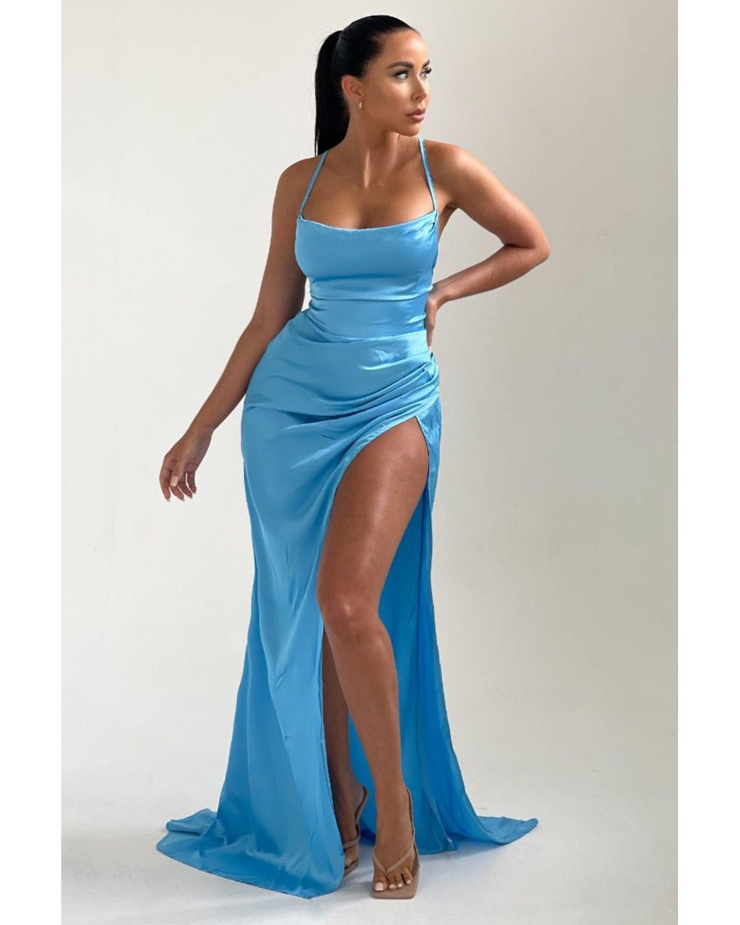 Femme Luxe Blue Strappy Satin Side Split Maxi Dress