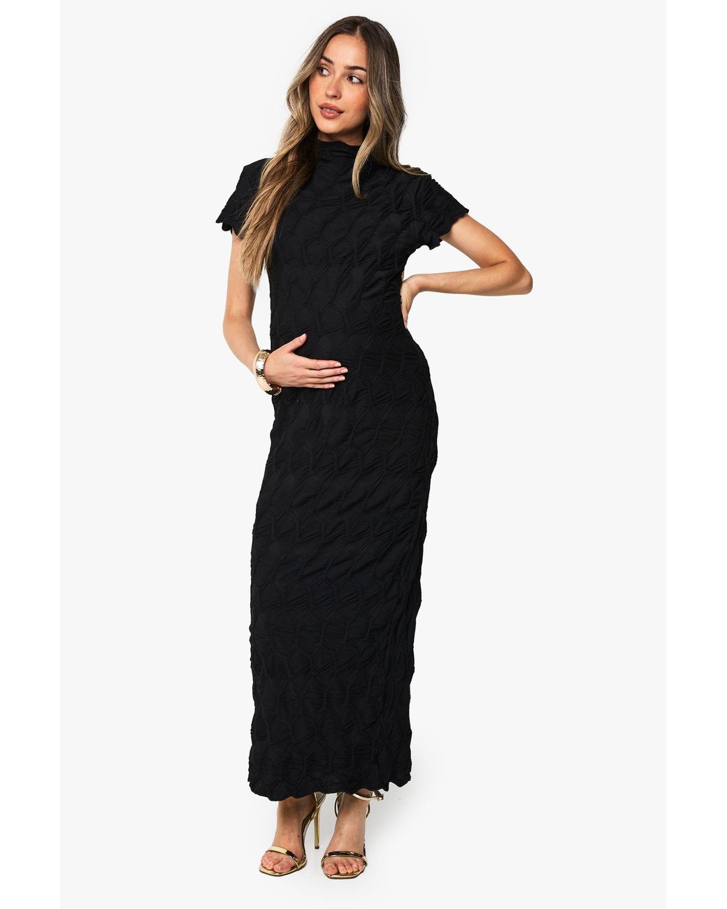 Boohoo Black Maternity Textured Jacquard Midaxi Bodycon Dress
