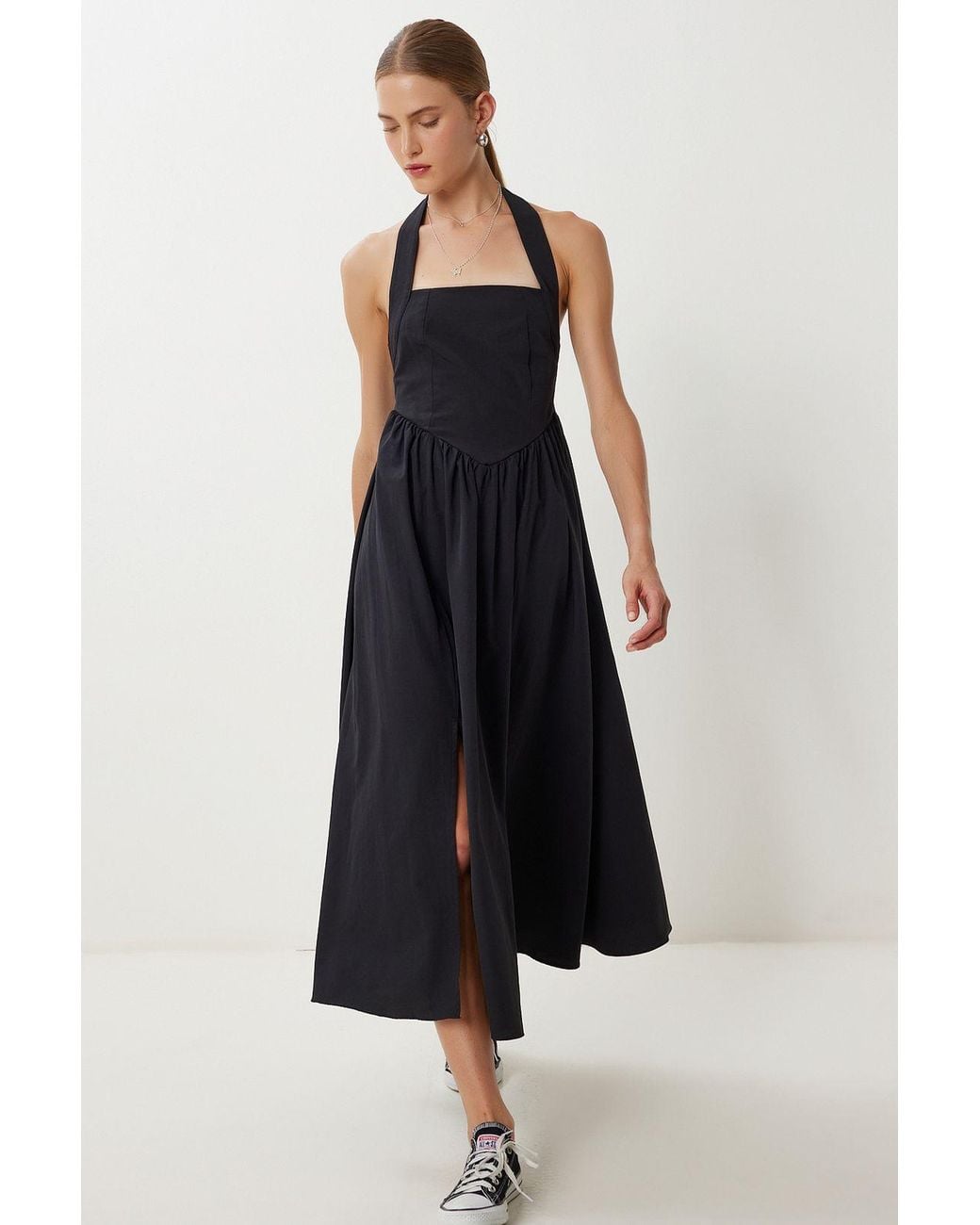 Happiness İstanbul Black Slim Fit Midi Dress With Square Collar