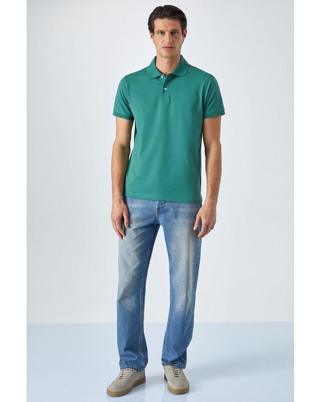 Grimelange Green Relaxed Polo Collar Button T-Shirt for men