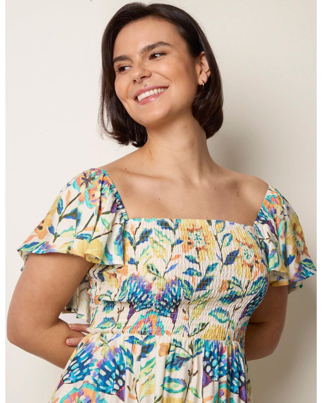 Blue Vanilla White Frill Sleeveless Tropical Floral Print Dress