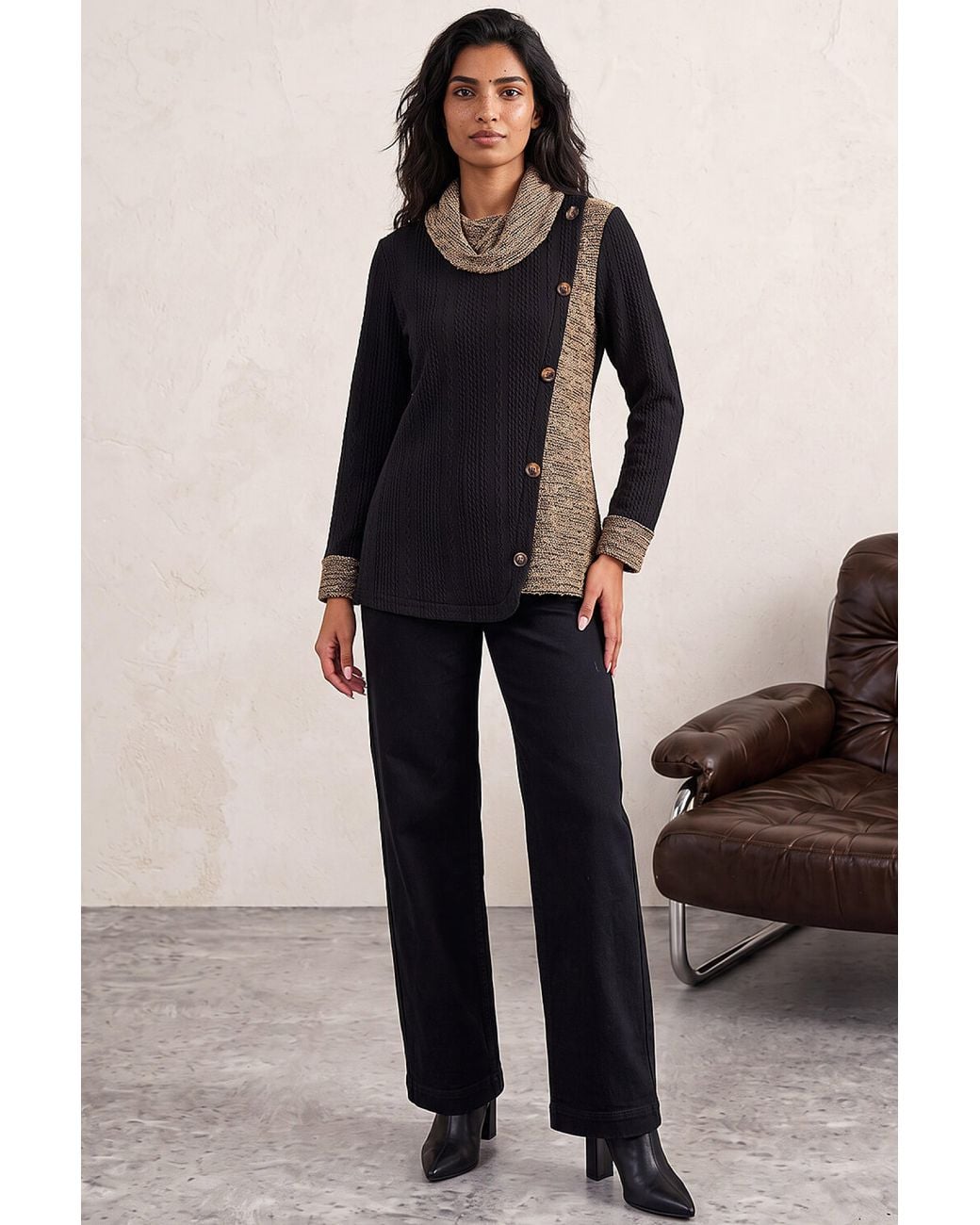 Roman Blue Contrast Cowl Neck Tunic Top