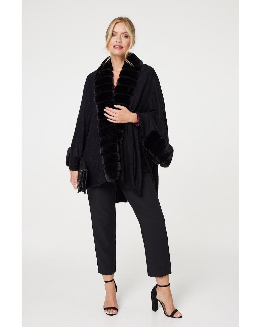 Izabel London Blue Faux Fur Longline Hanky Hem Poncho Satin