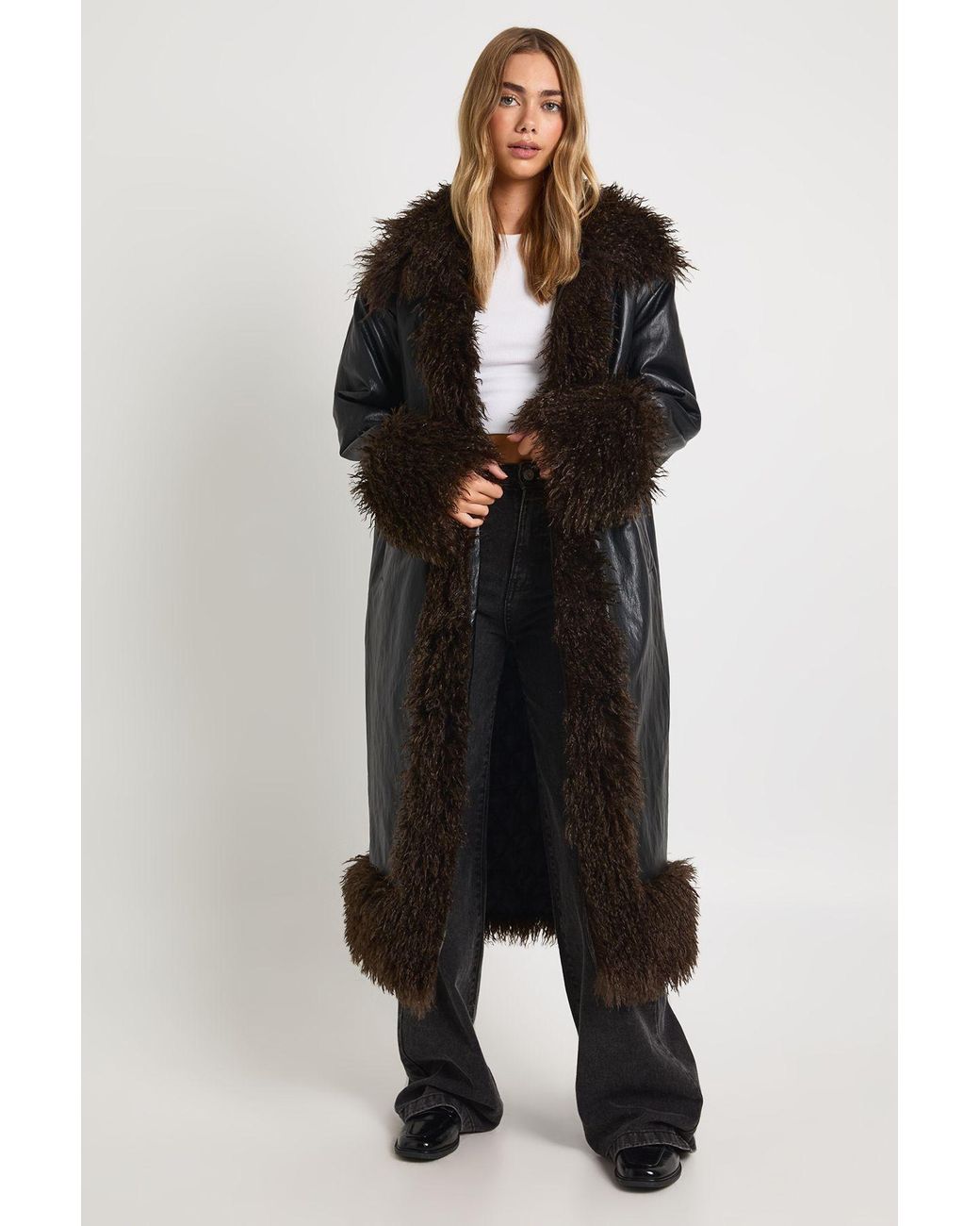 Boohoo Black Faux Fur Trim Leather Maxi Coat