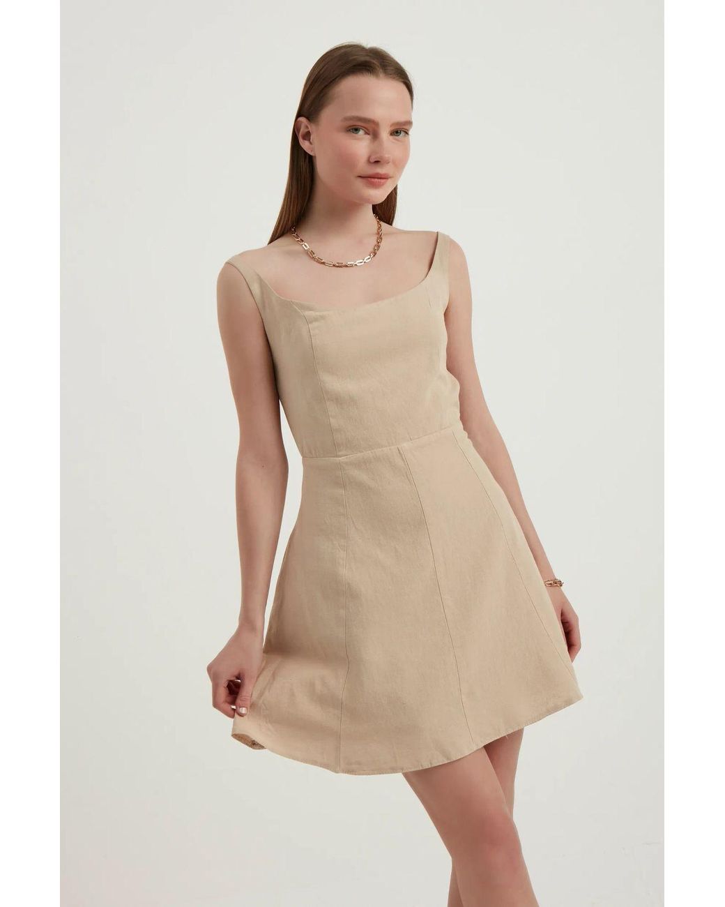 Hiccup Natural Square Neck Backless Mini Dress