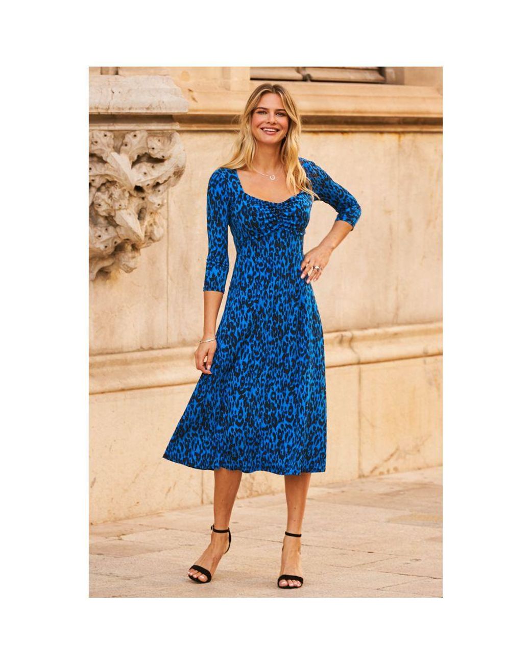 Sosandar Blue Leopard Print Sweetheart Neckline Midi Dress