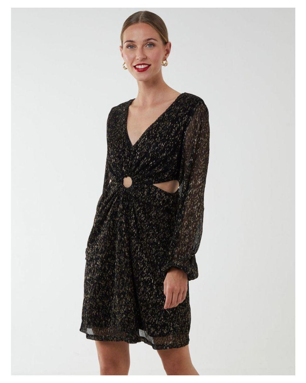 Blue Vanilla Black V-Neck Long Sleeve Lurex Dress