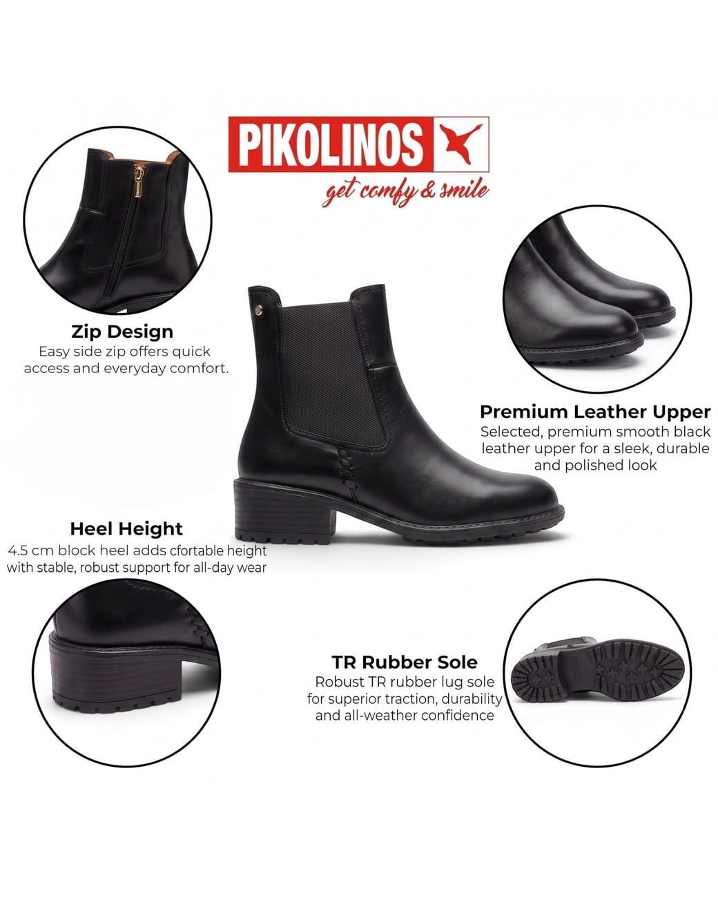 Pikolinos Black Leather Chelsea Heeled Ankle Boots