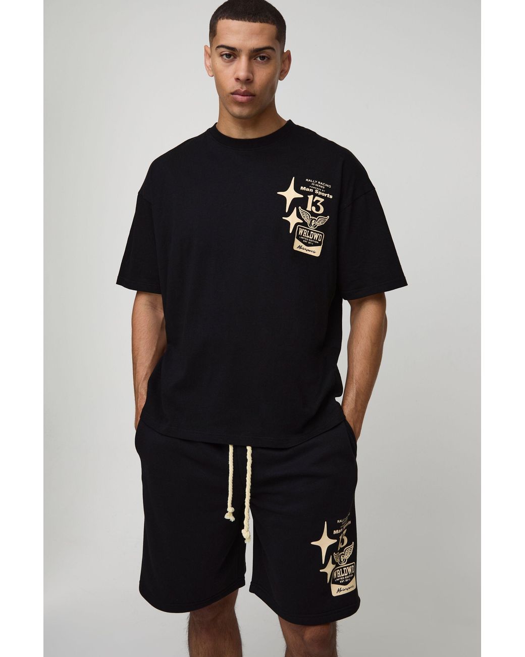 BoohooMAN Black Oversized Moto Graphic T-Shirt & Short Set for men