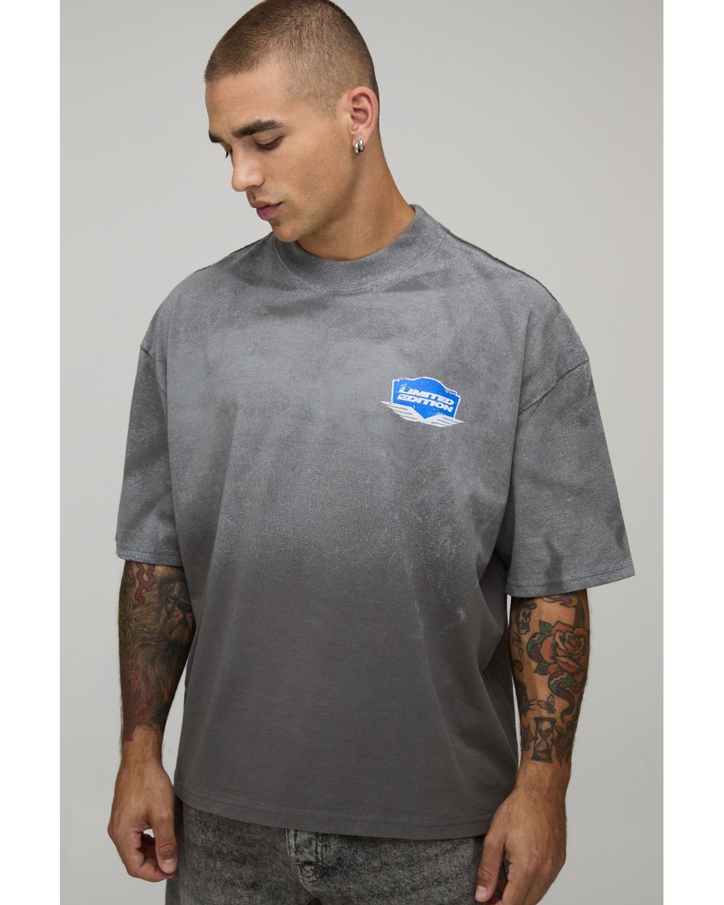 BoohooMAN Gray Oversized Boxy Printed Spray Wash T-Shirt Cotton for men