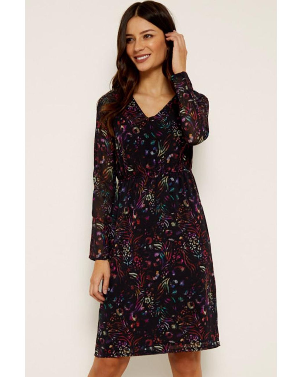 Sosandar Black Floral Print V Neck Dress