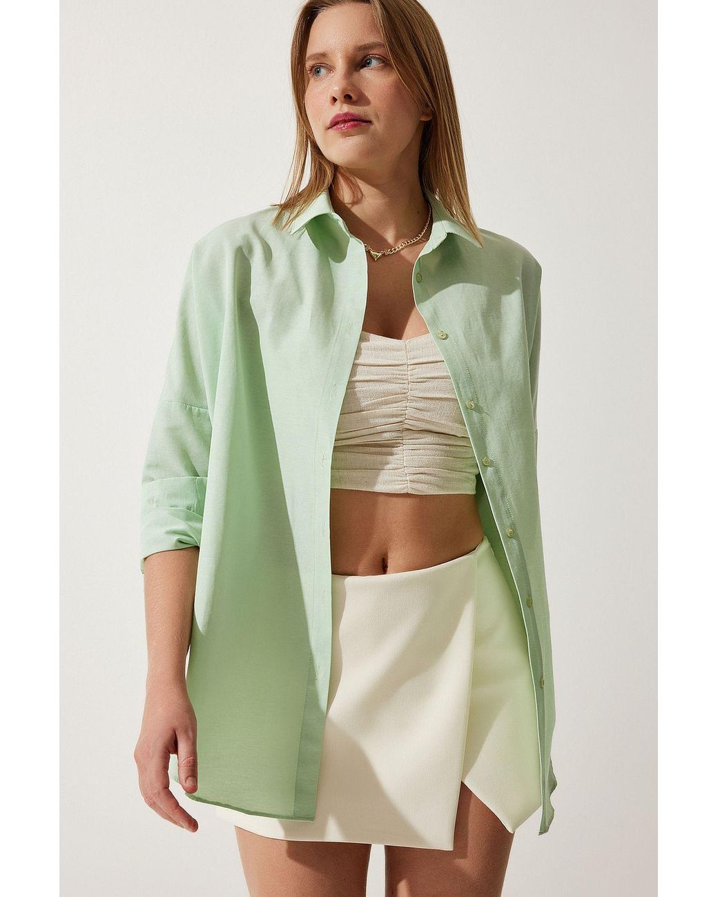 Happiness İstanbul Green Oversized Poplin Button-Up Shirt With Long Sleeves