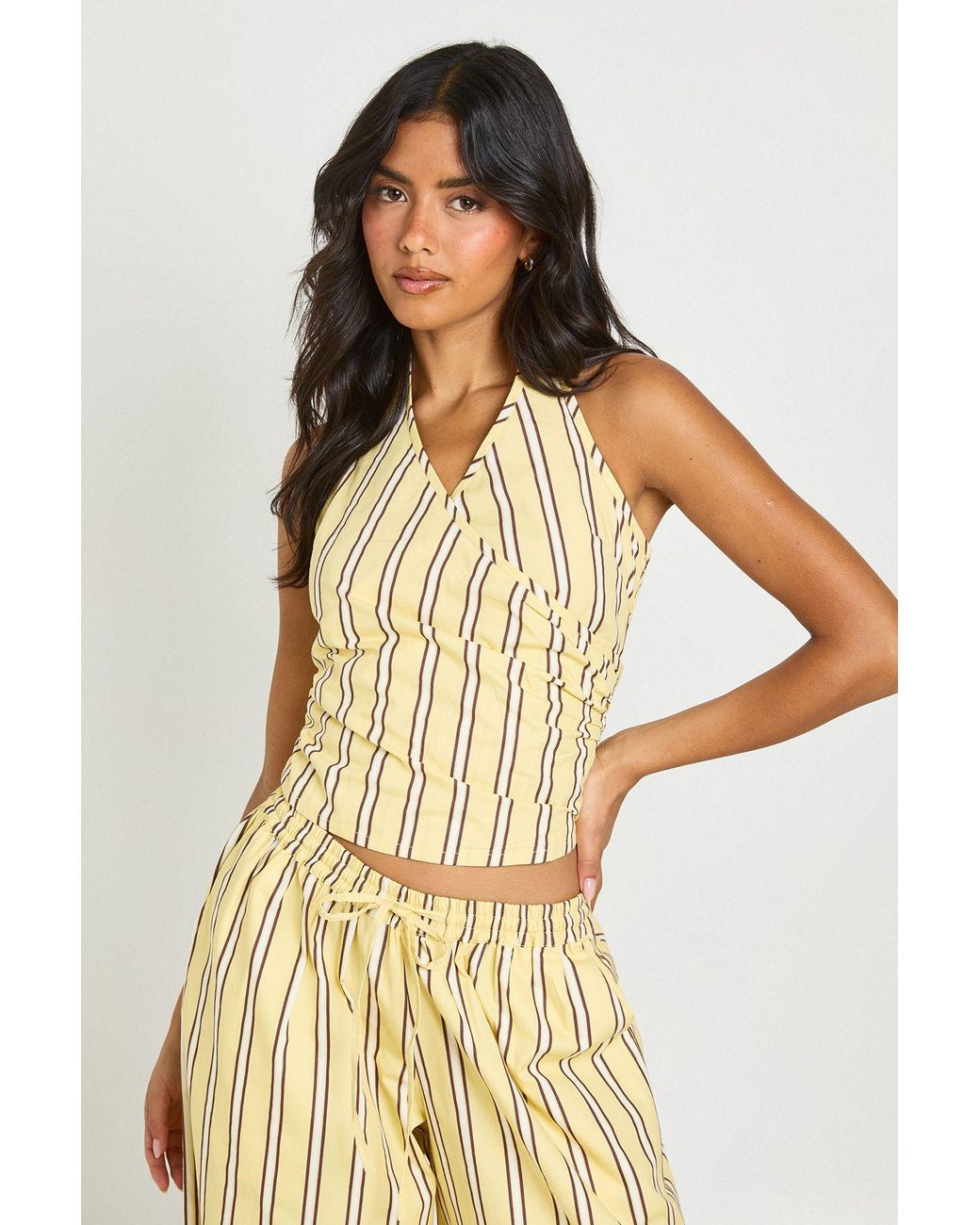 Boohoo Natural Stripe Halter Neck Wrap Top