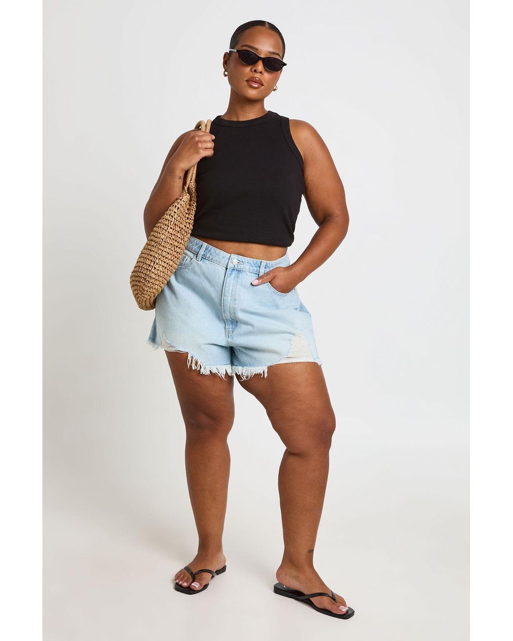 Boohoo Blue Plus High Waist Ripped Mom Shorts