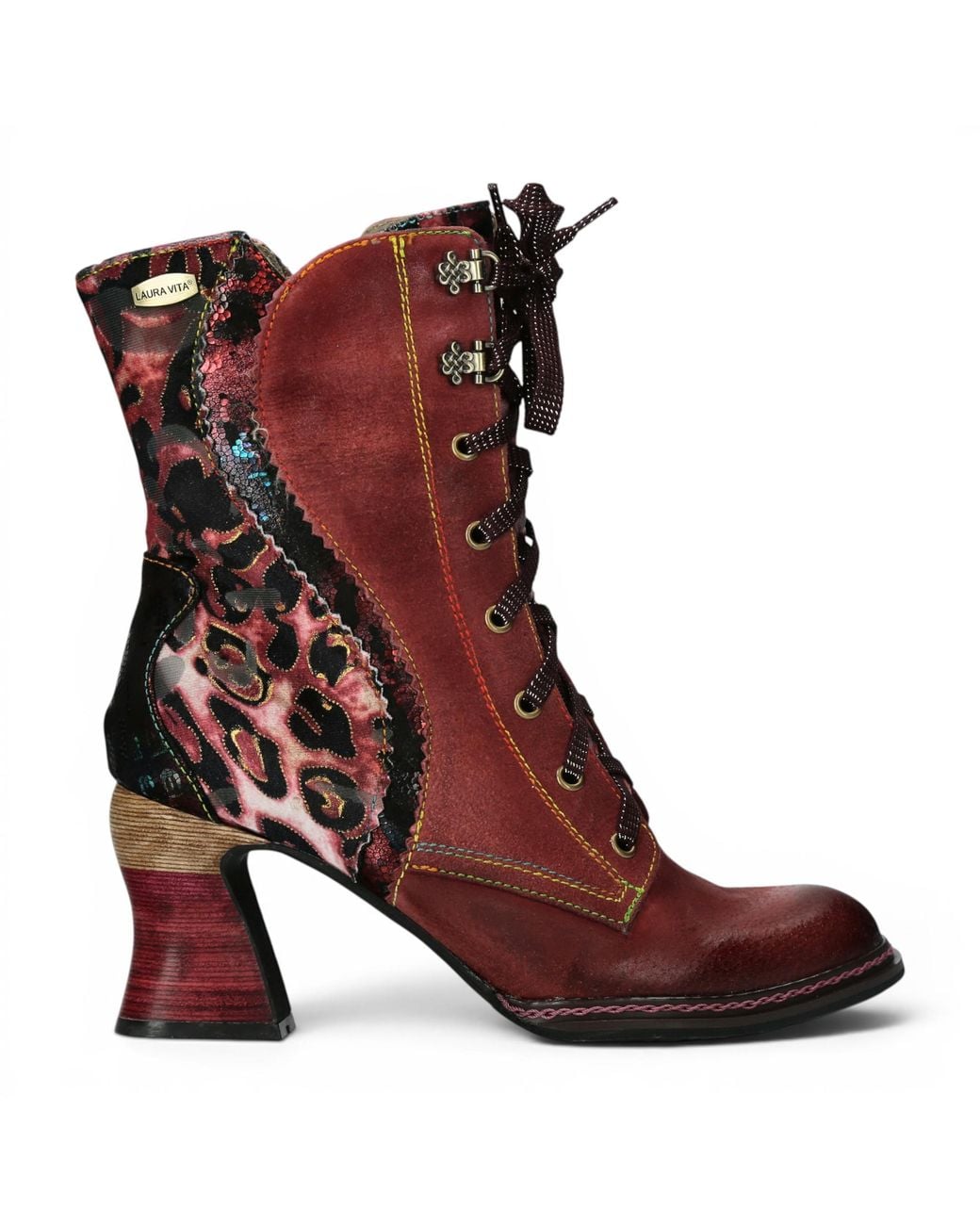 LAURA VITA Red Goth Victorian Floral Leather Lace-Up Heeled Boots