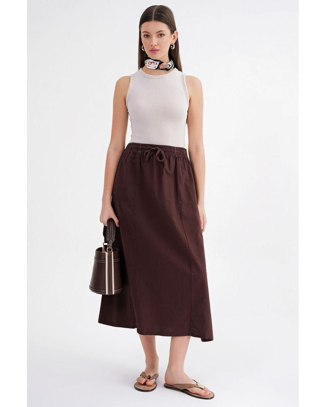 MixRay Brown High-Waisted Poplin Skirt With Drawstring Detail
