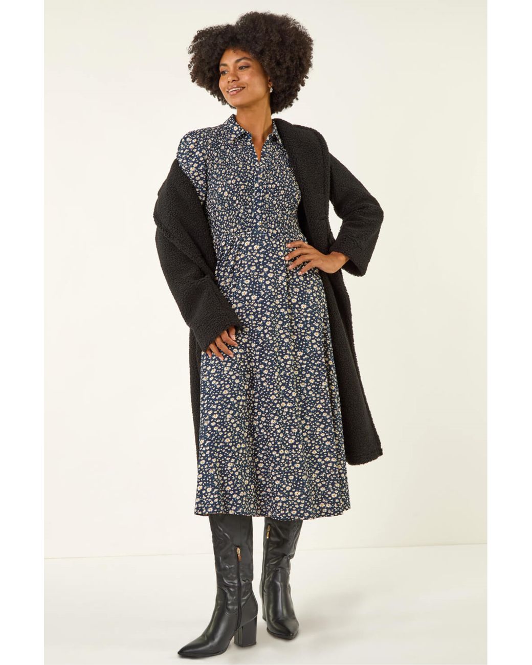 Roman Gray Ditsy Floral Print Shirred Midi Dress