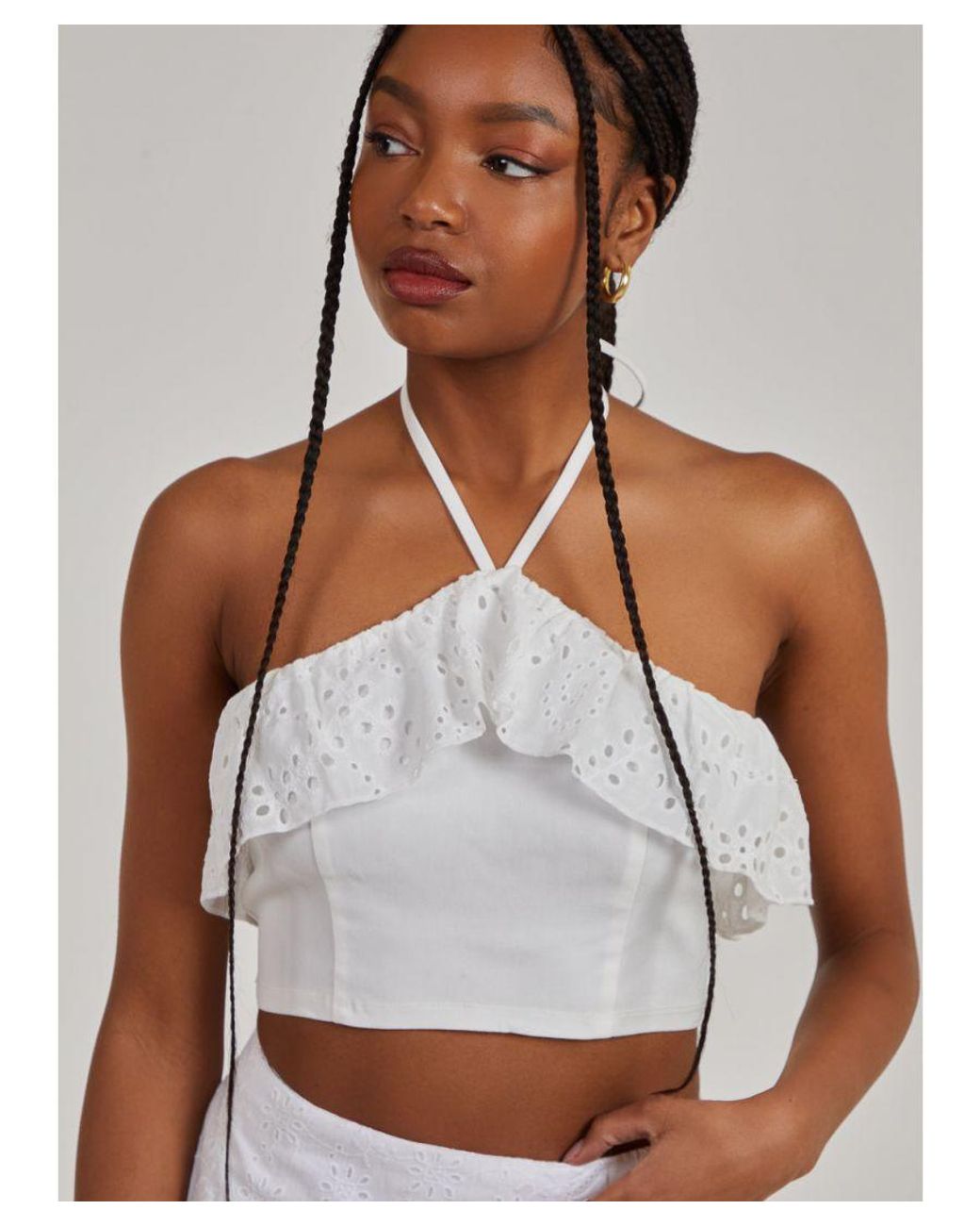 Pink Vanilla White Halter Neck Broderie Frill Hem Crop Top