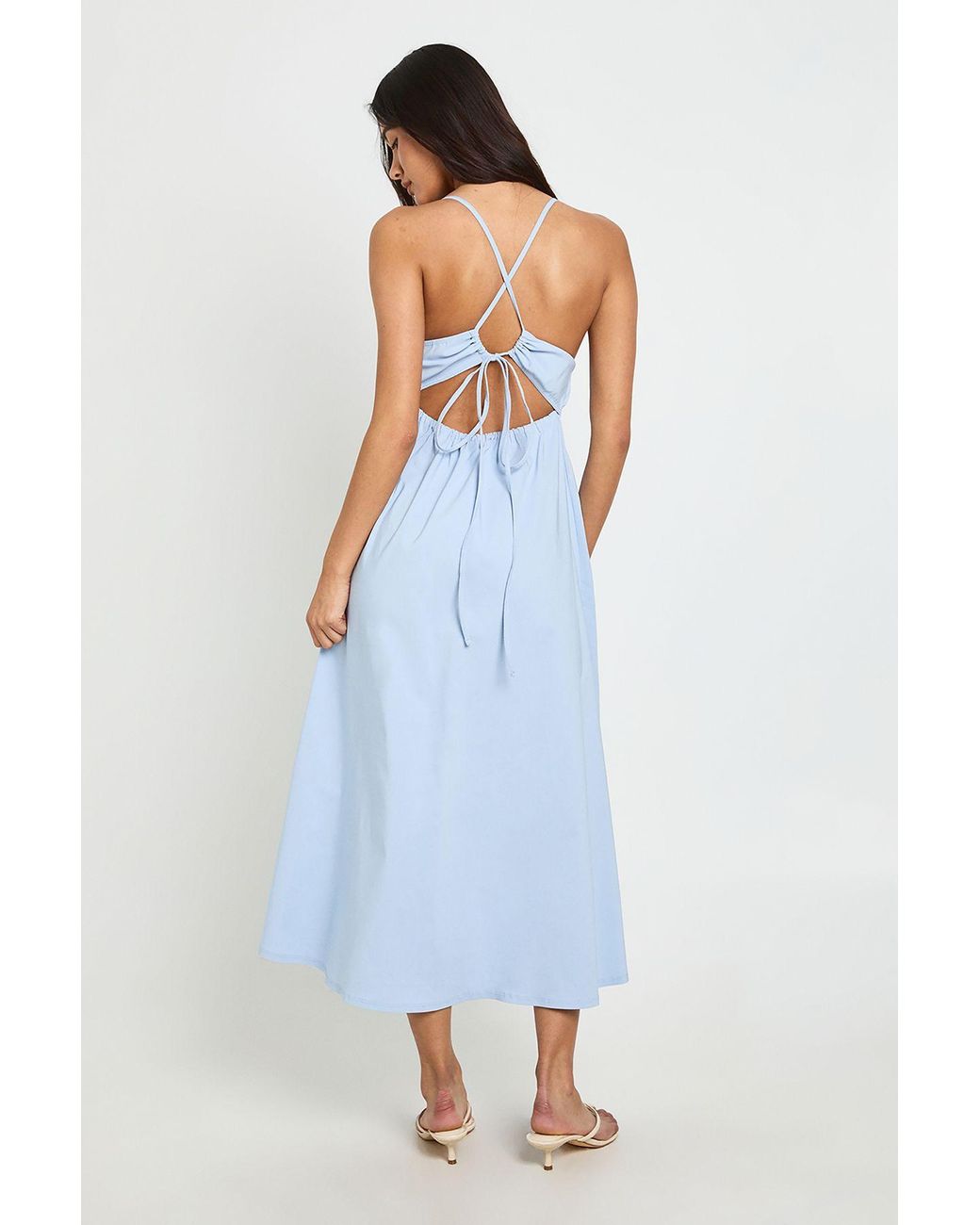 Boohoo Blue Bengaline Elasticated Waist Detail Cross Back Midaxi Dress