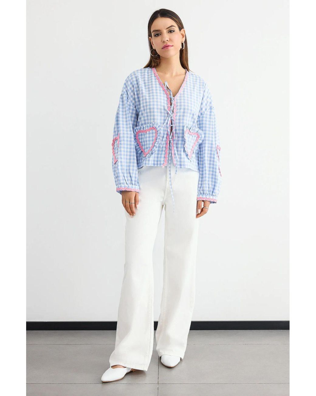 Hiccup White Checked V-Neck Tie-Front Blouse