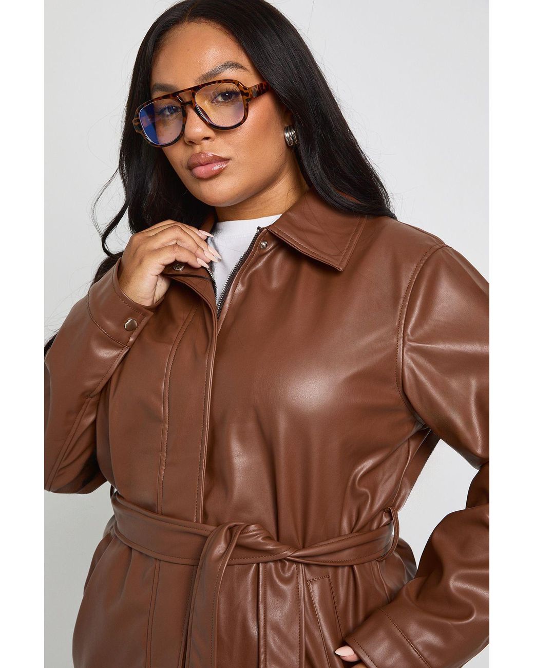 Boohoo Blue Plus Pu Belted Trench Coat