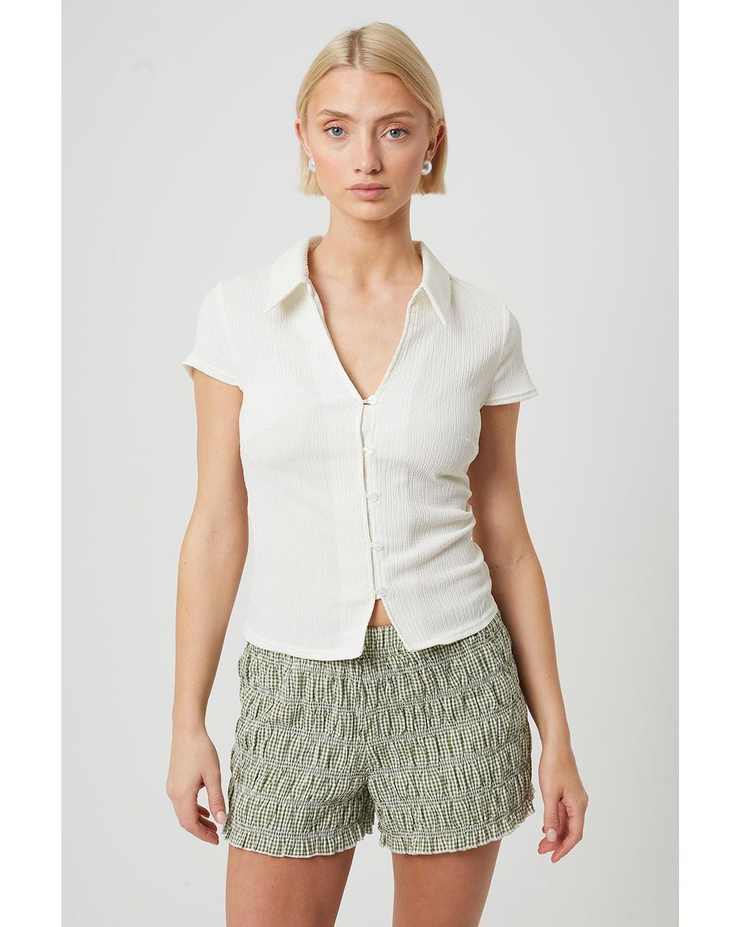 Brave Soul Natural Textured Jersey Short Sleeve Button Down Top