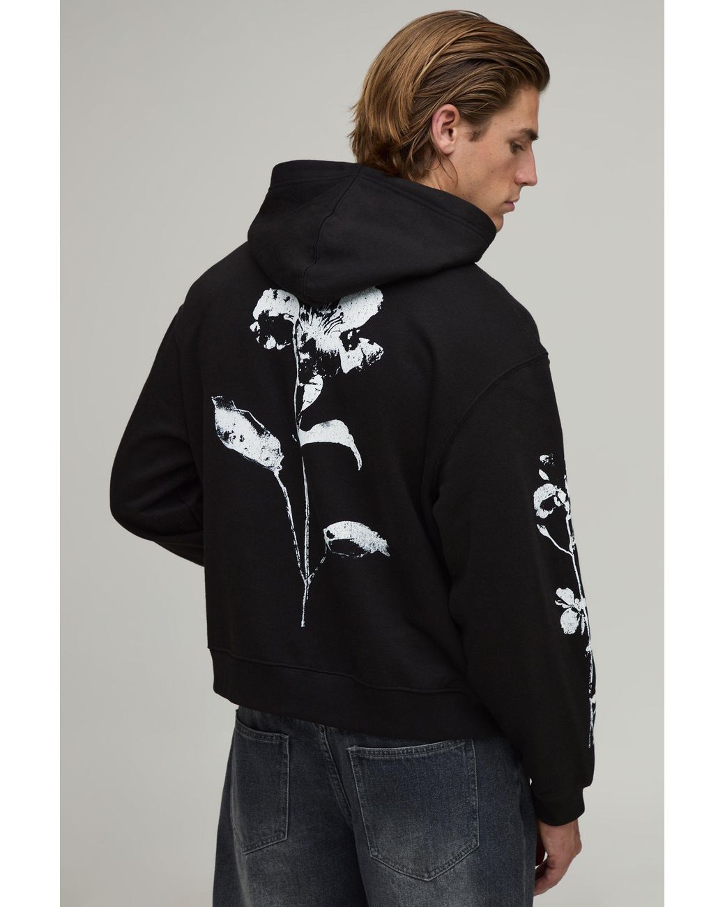 BoohooMAN Black Oversized Boxy Floral Mono Graphic Hoodie for men