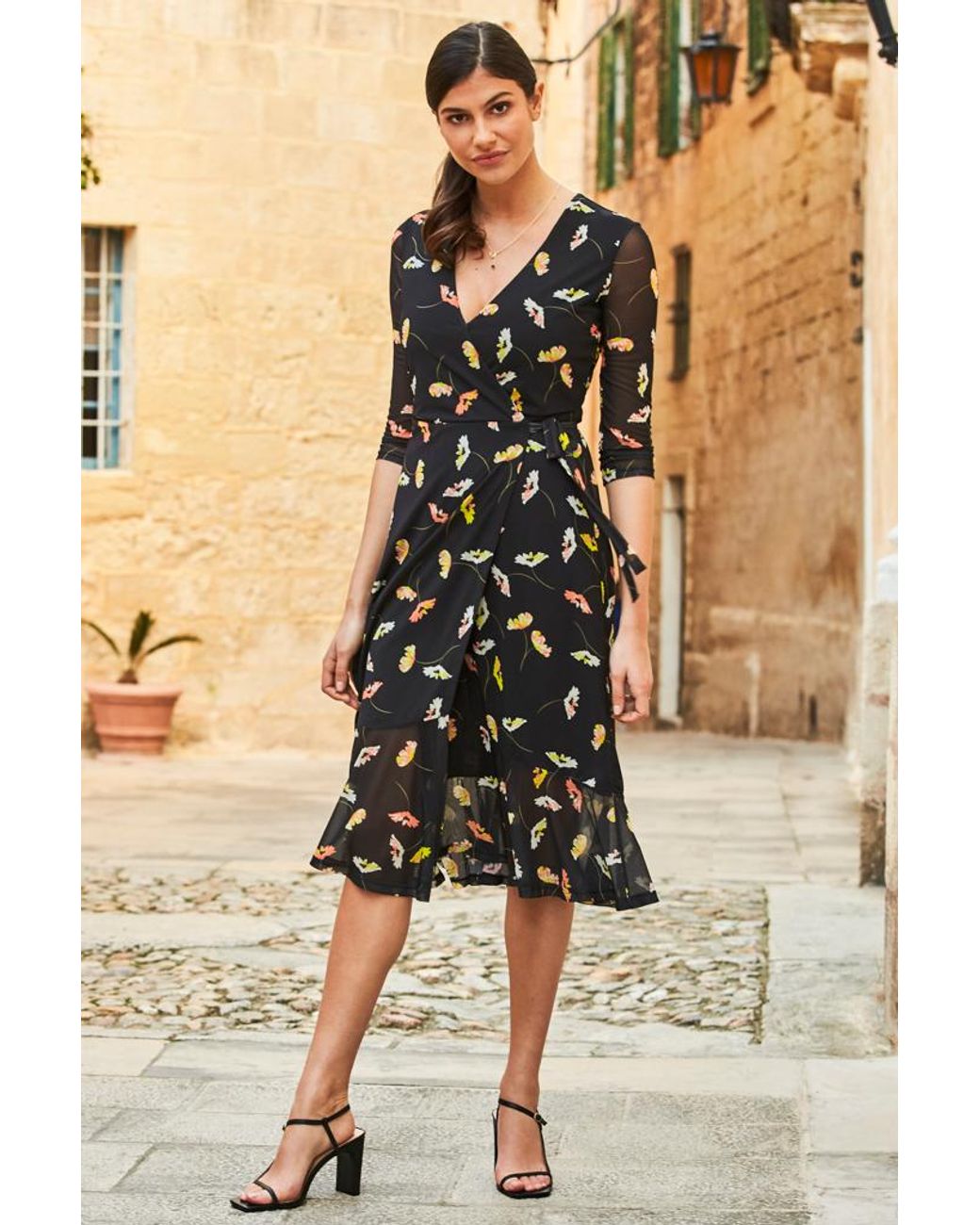 Sosandar Natural Floral Print Mesh Wrap Midi Dress