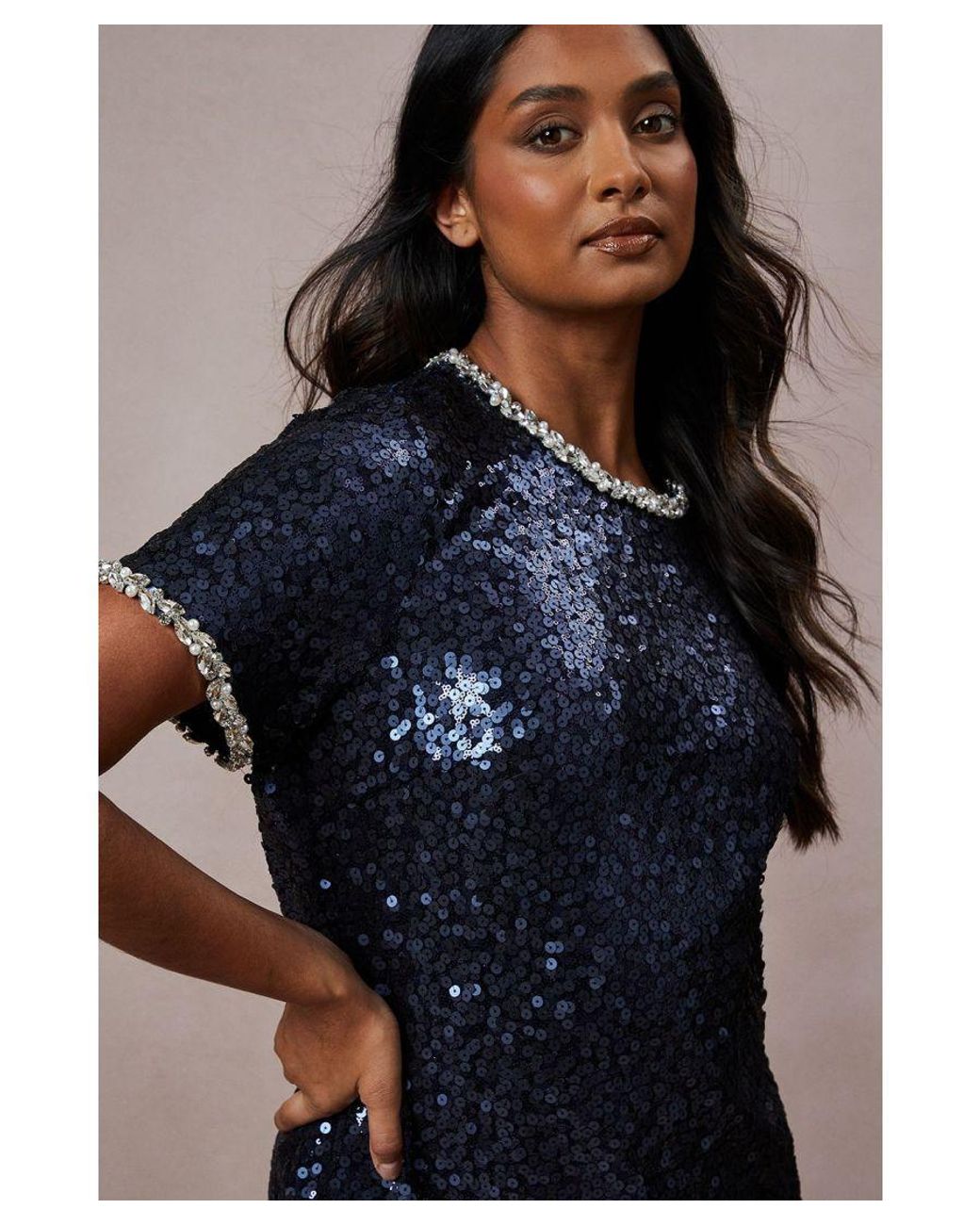 Oasis Occasion Sequin Shift Dress With Diamante Trim Detail in Blue | Lyst  UK