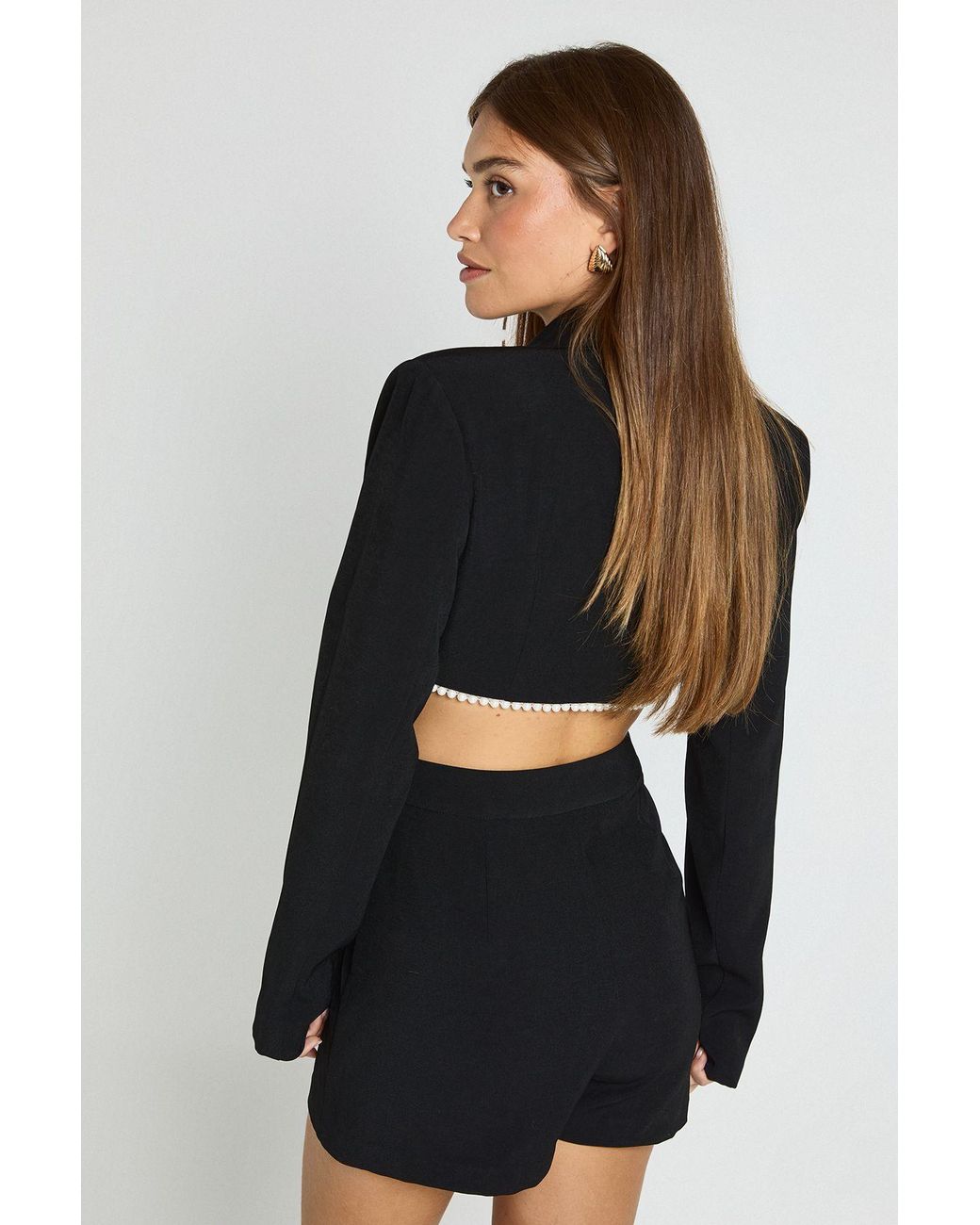 Boohoo Black Tailored Open Back Pearl Trim Playsuit