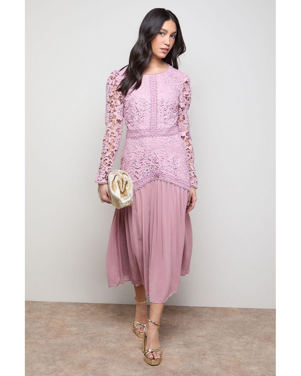 Oasis Pink Lace Bodice Pleated Skirt Long Sleeve Midi Dress