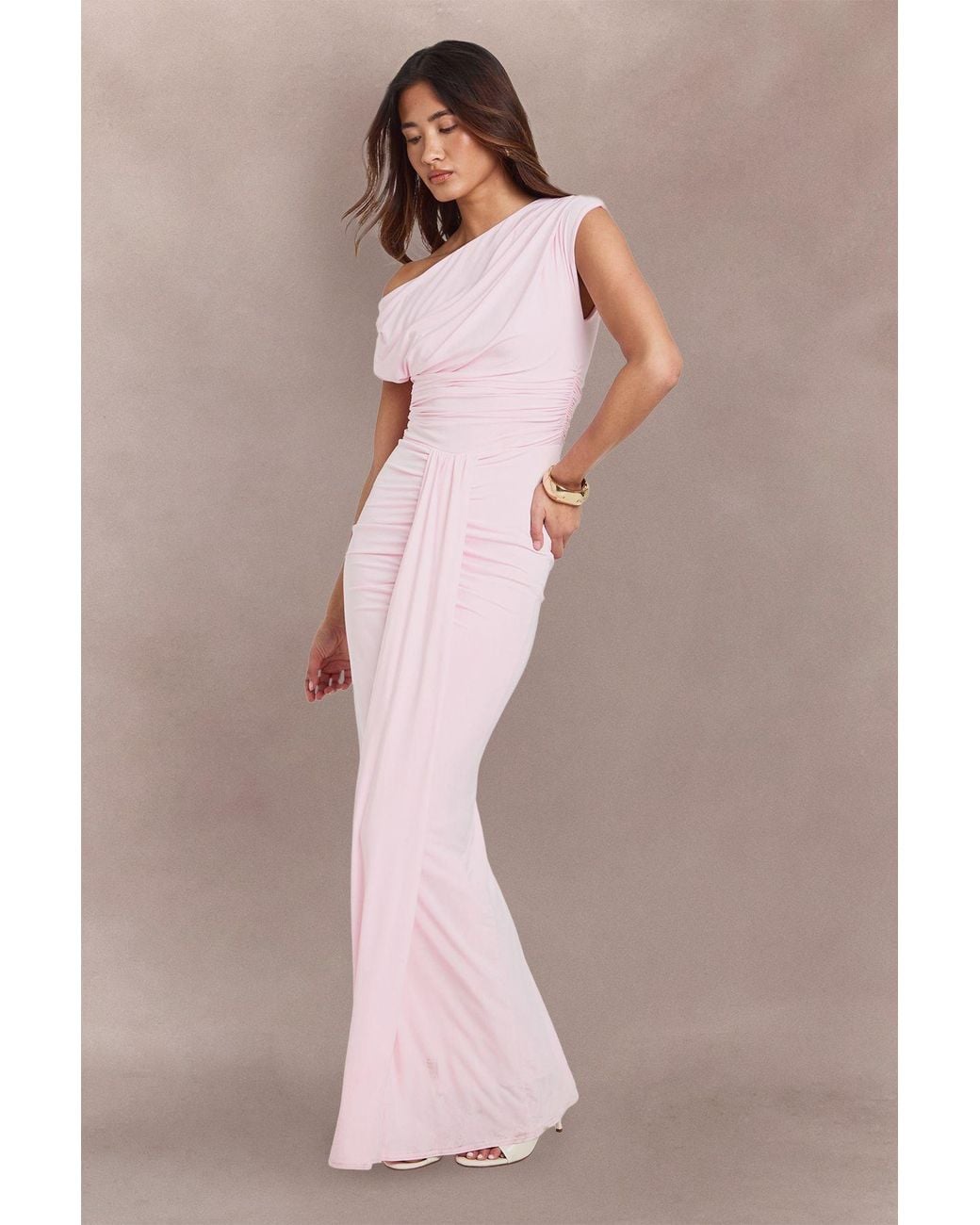 Boohoo Pink Double Layer Asym Slinky Drape Front Maxi Dress