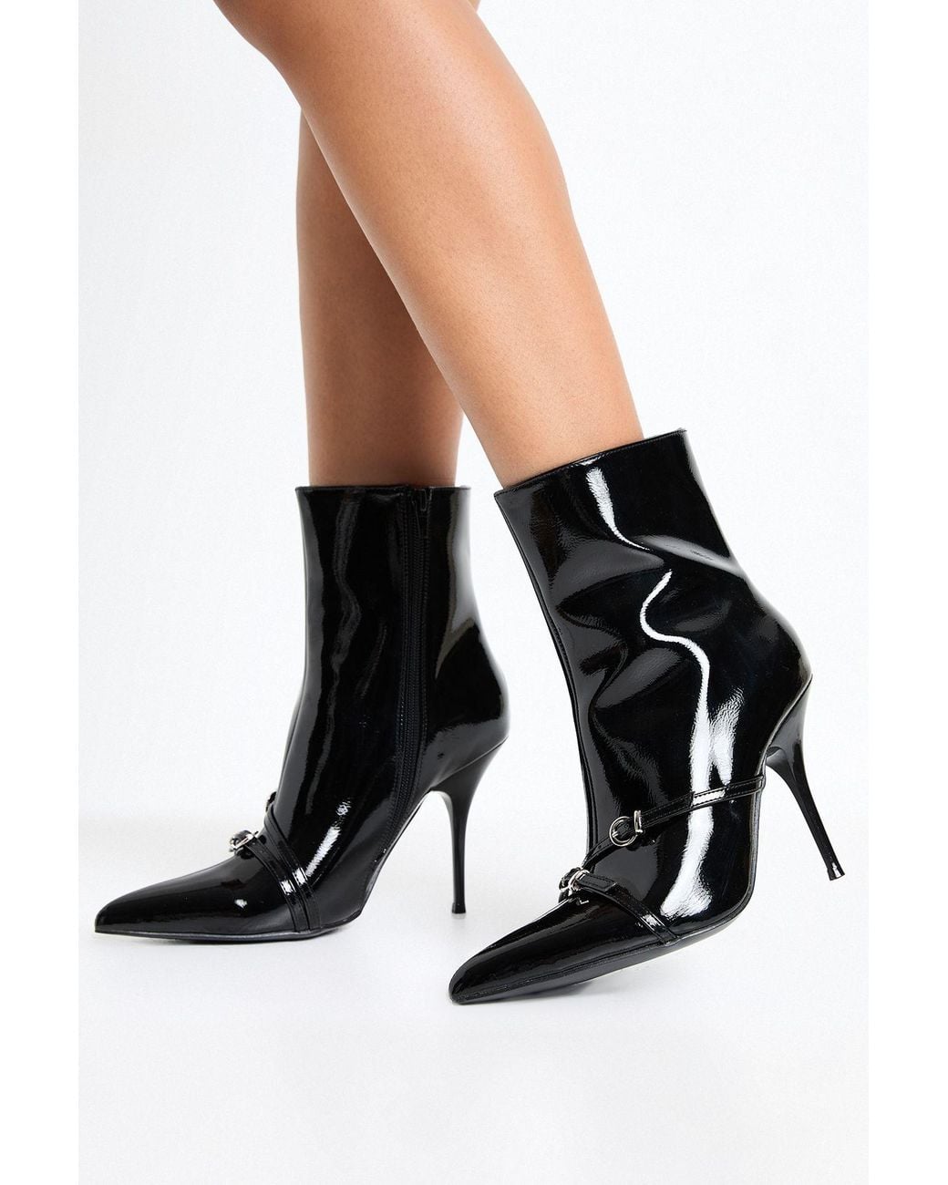 Boohoo Black Patent Buckle Detail Stiletto Ankle Boots