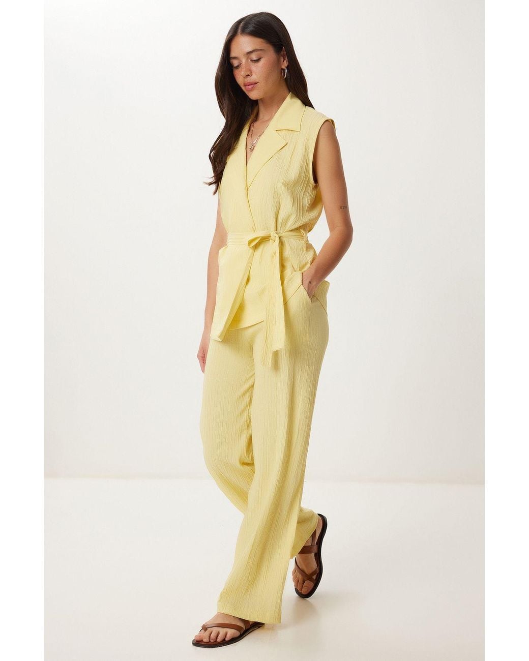 Happiness İstanbul Metallic High Waist Two-Piece Set With Shirt Collar And Wide Leg Pants