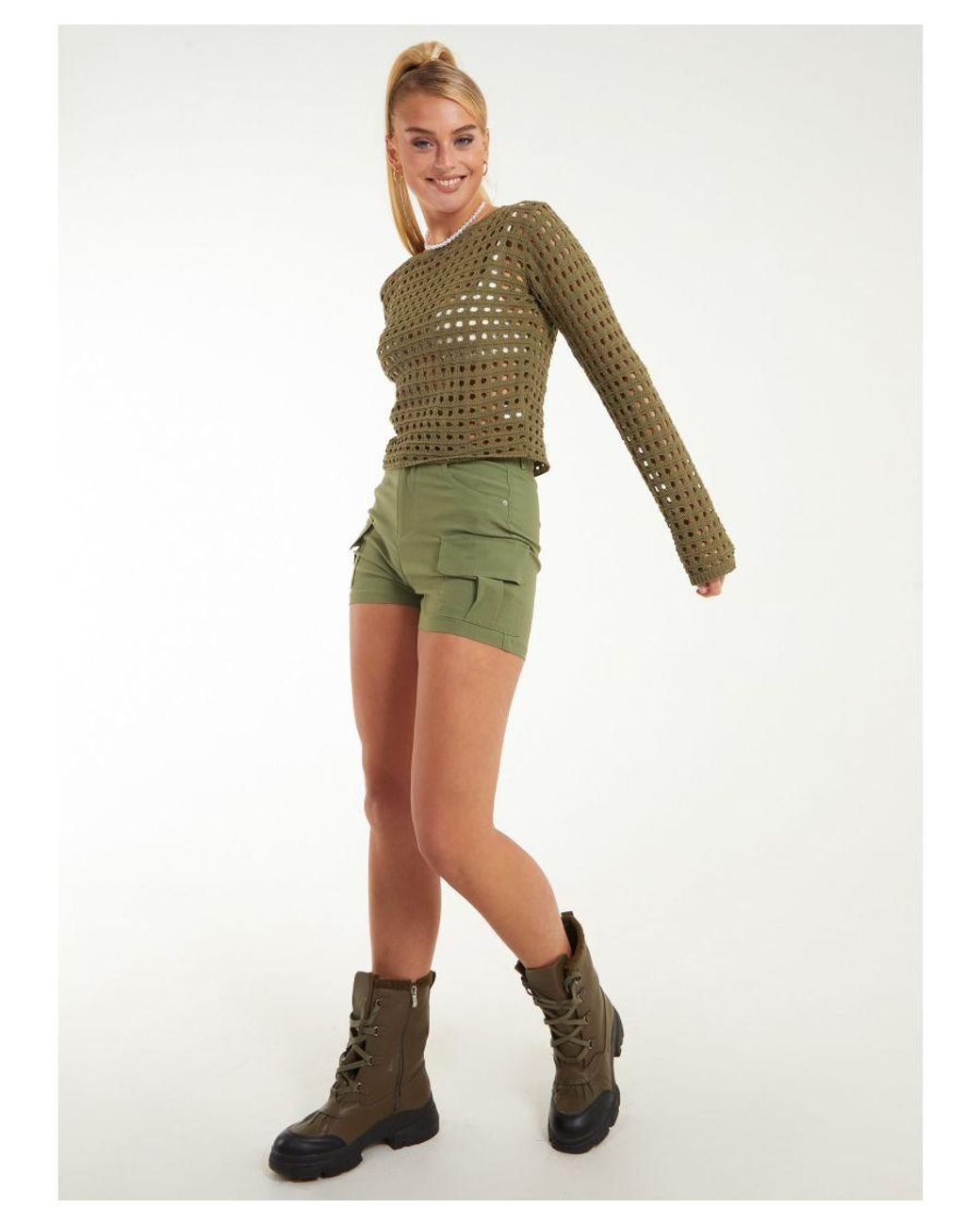 Pink Vanilla Green Long Sleeve Crochet Top