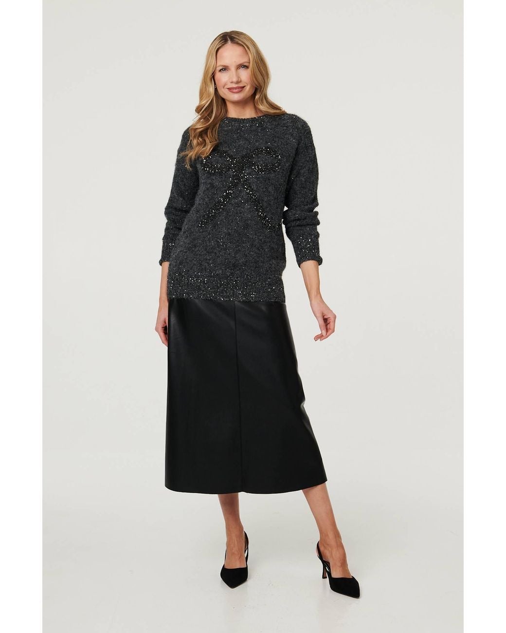 Izabel London Black Sparkle Texture Bow Print Jumper