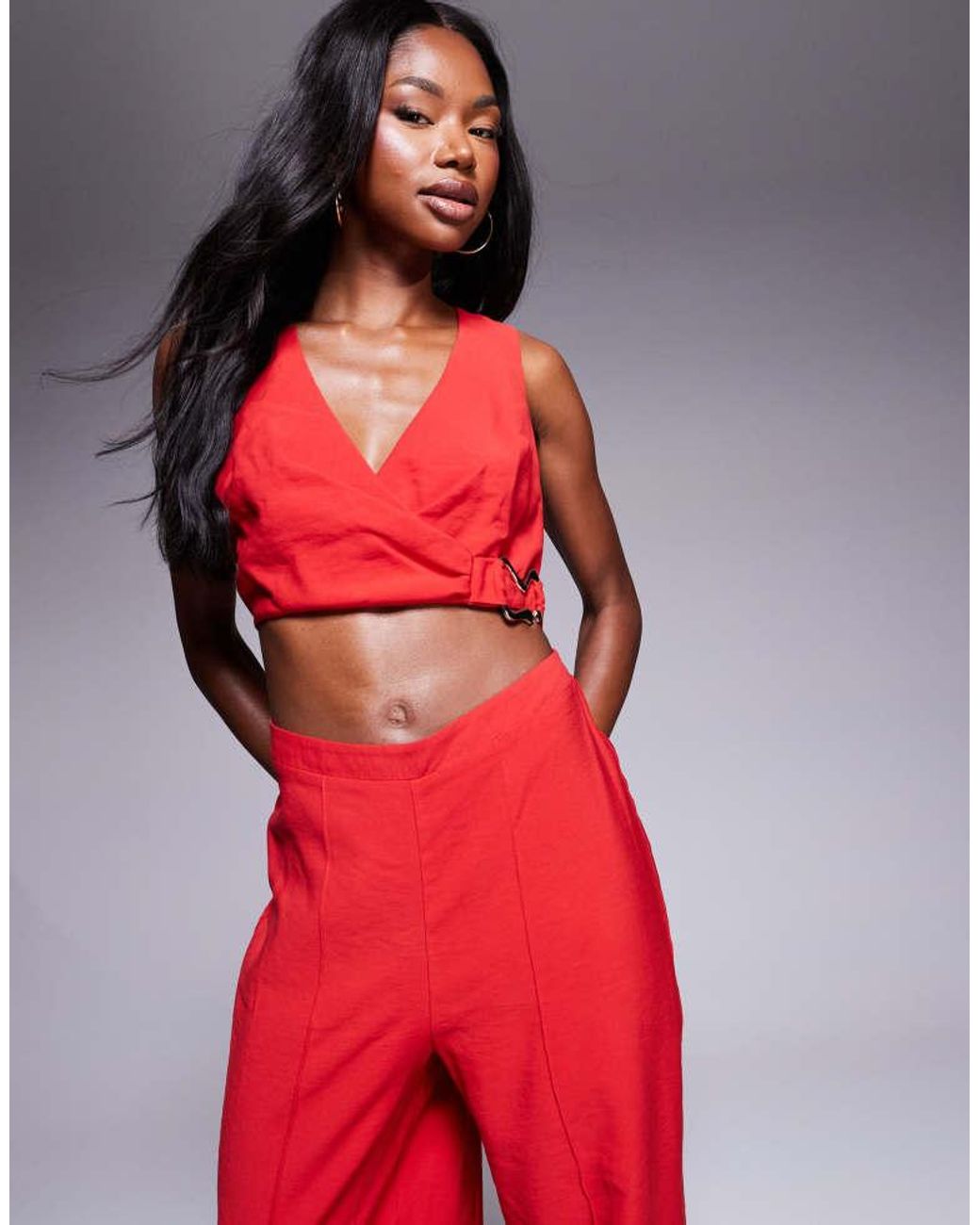 ASOS Red Wrap Front Cut Out Jumpsuit With Buckle Detail