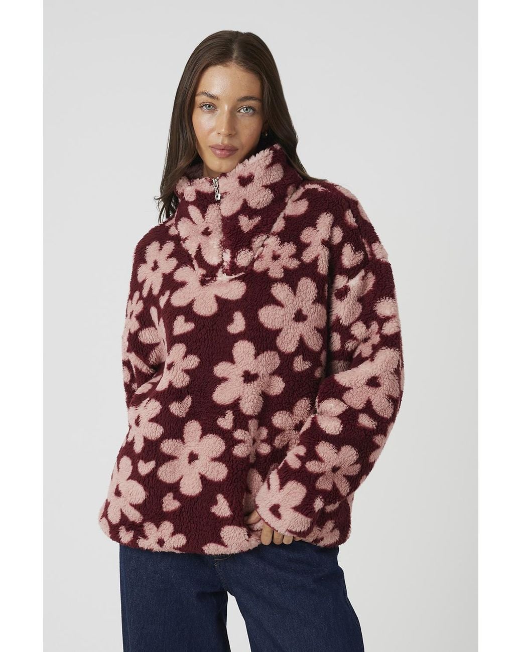 Brave Soul Red Flower Print Sherpa Fleece Sweatshirt