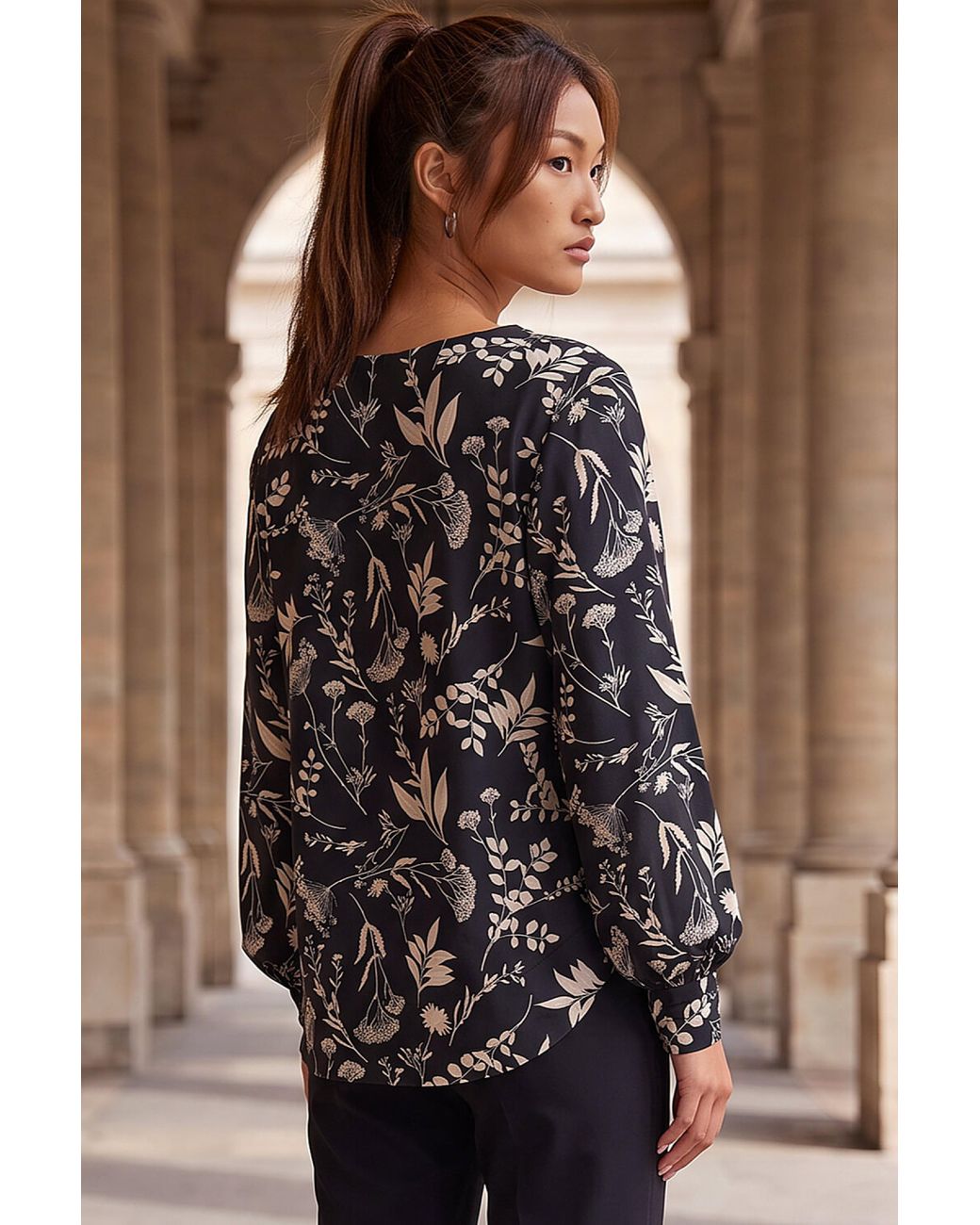 Roman Black Floral Puff Print Stretch Shirt