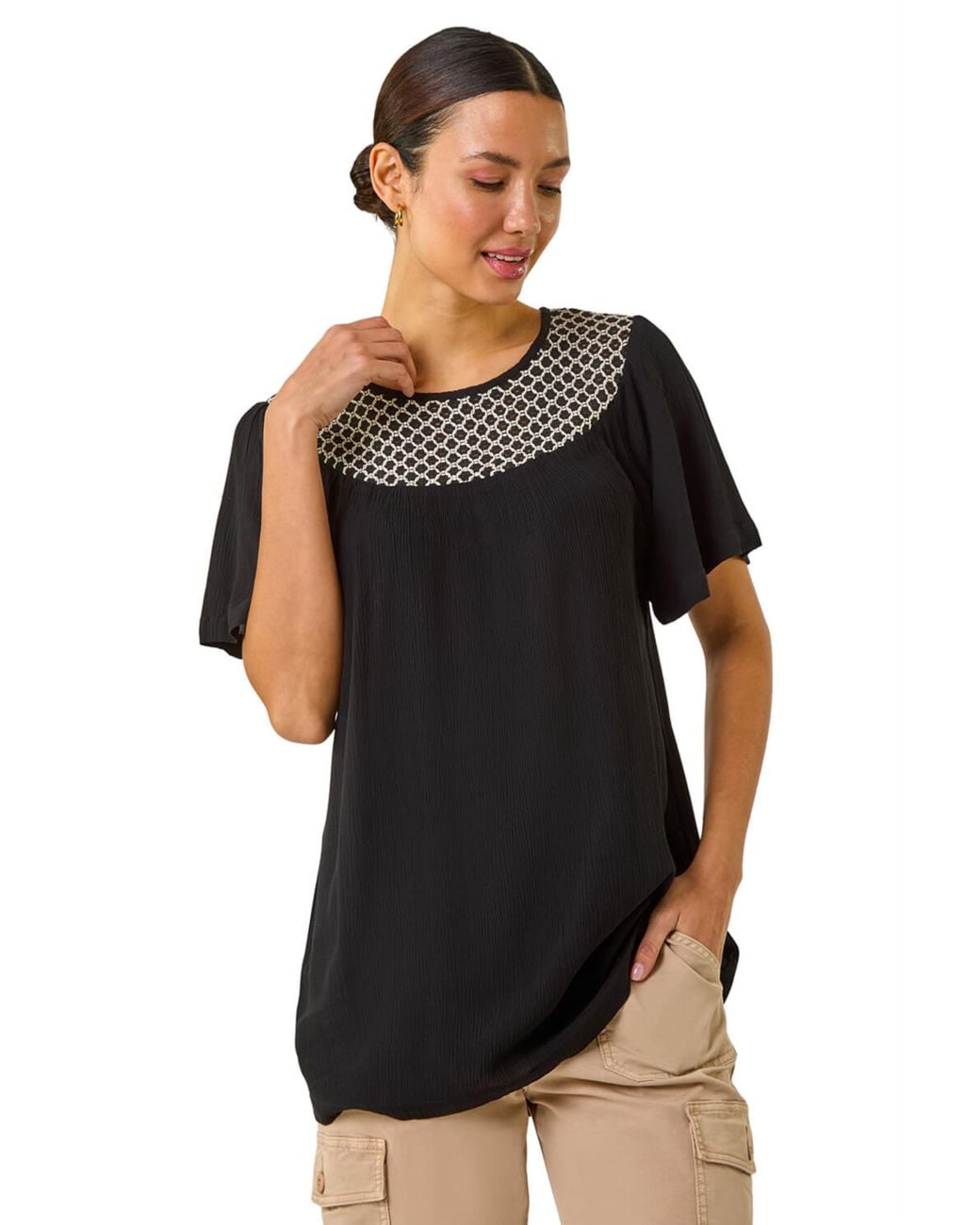 Roman Black Mono Print Crochet Neck Top