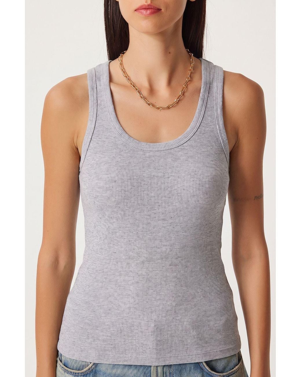 Happiness İstanbul Gray Fitted Cotton U Collar Tank Top
