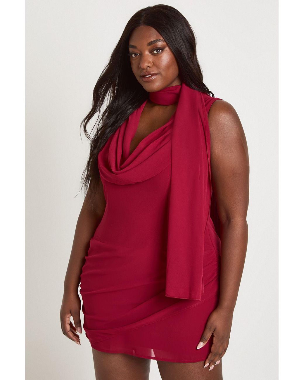 Boohoo Red Plus Chiffon Cowl Neck Sleeveless Scarf Mini Dress