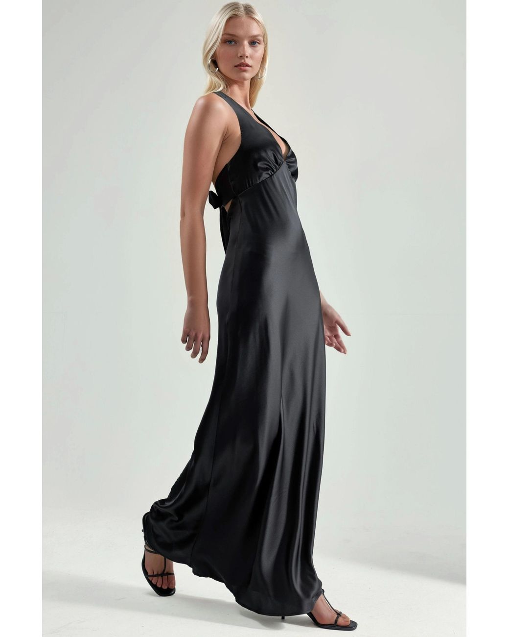 Hiccup Black Halter Neck V-Neck Satin Maxi Dress