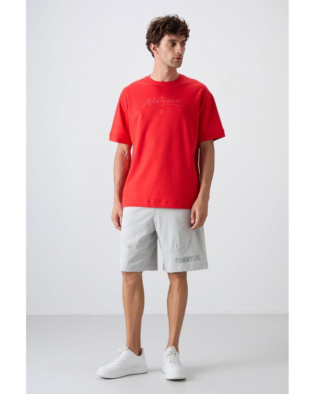 TOMMY LIFE Red Oversized Printed Crew Neck T-Shirt for men