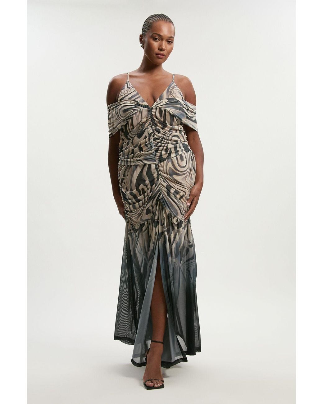 marble print mesh dress Karen Millen Marble Print Mesh Plunge Strappy Detail Maxi Dress in Mono